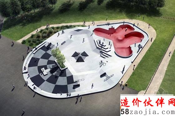 圍繞一個不規(guī)則褐紅色“碗”建造的滑冰公園